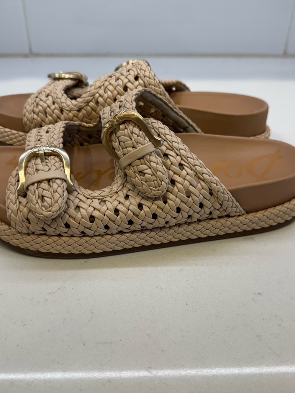 Sam Edelman Reid Woven Double Buckle Platform Slide Sandals Beige Size 8 - Picture 12 of 13